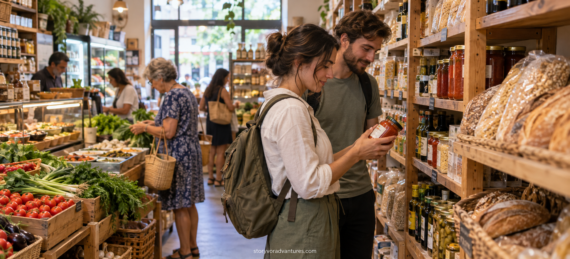 Travellers discovering everyday foods inside a local grocery store