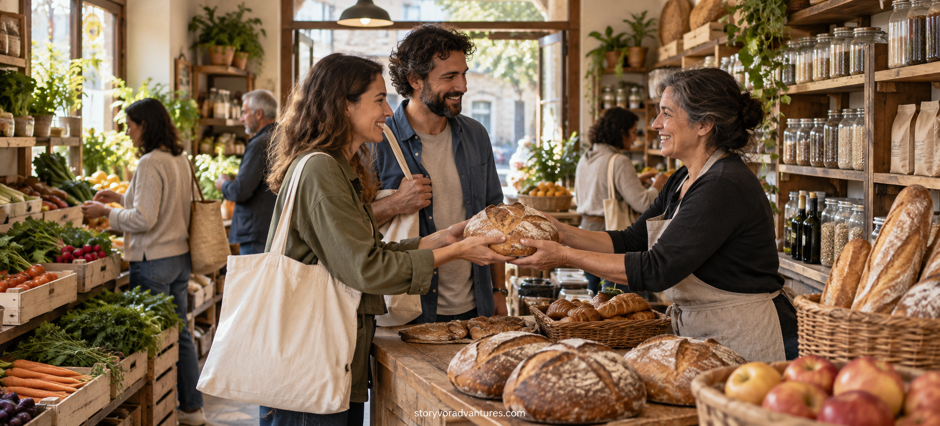 Travellers supporting an independent neighbourhood grocery and bakery