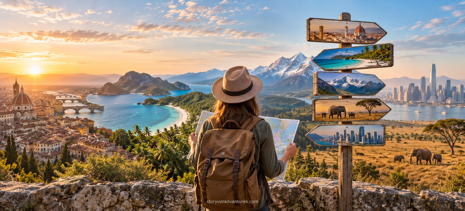 Traveller choosing between international city, beach, mountain and wildlife destinations
