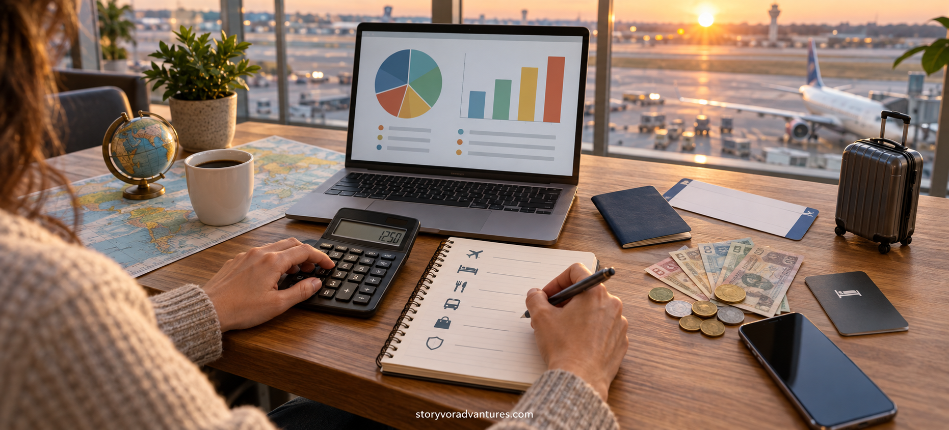 Traveller creating a realistic international trip budget with calculator and travel expenses