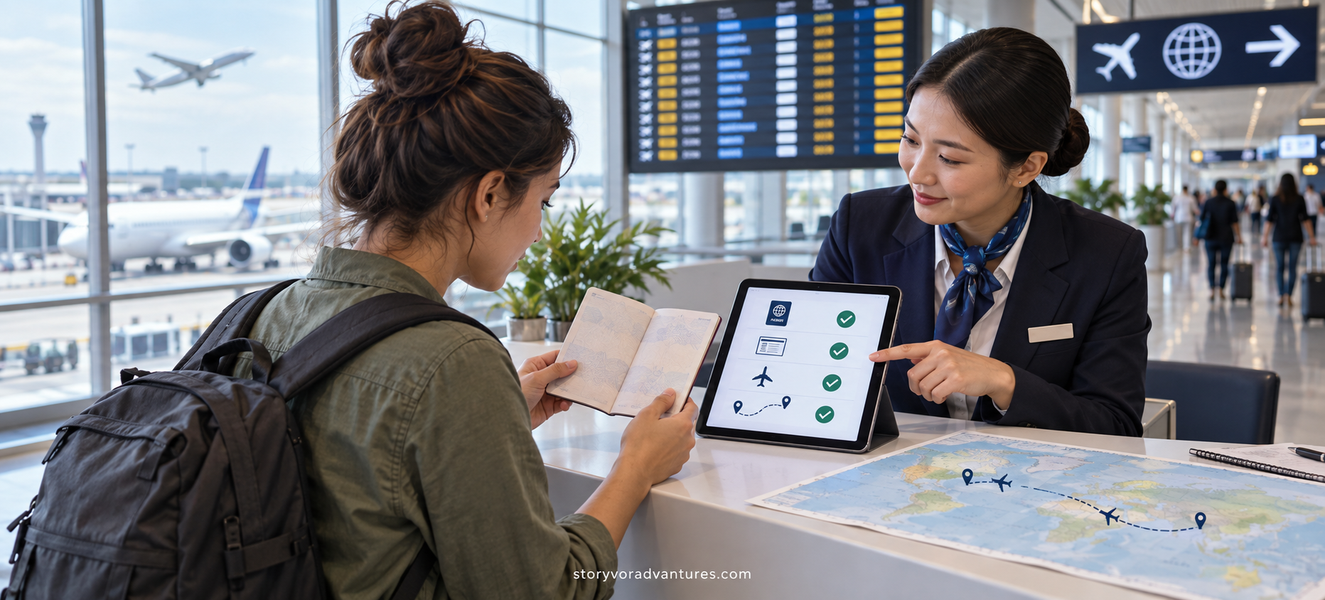 International traveller checking passport, visa and connecting-flight requirements at an airport