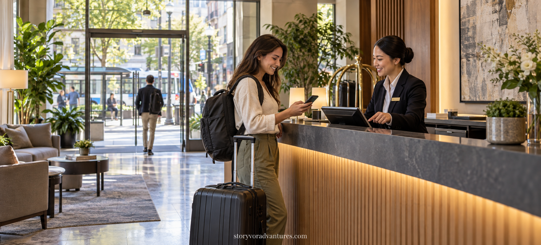 International traveller selecting safe and convenient accommodation near public transport