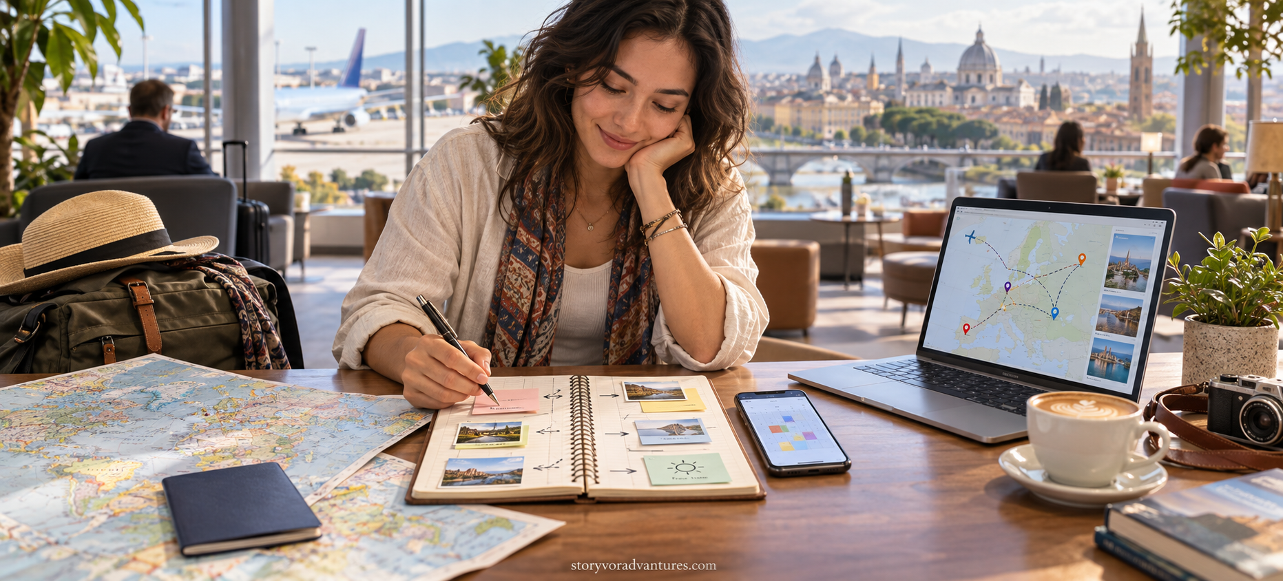 Traveller creating a flexible international travel itinerary with maps and digital tools