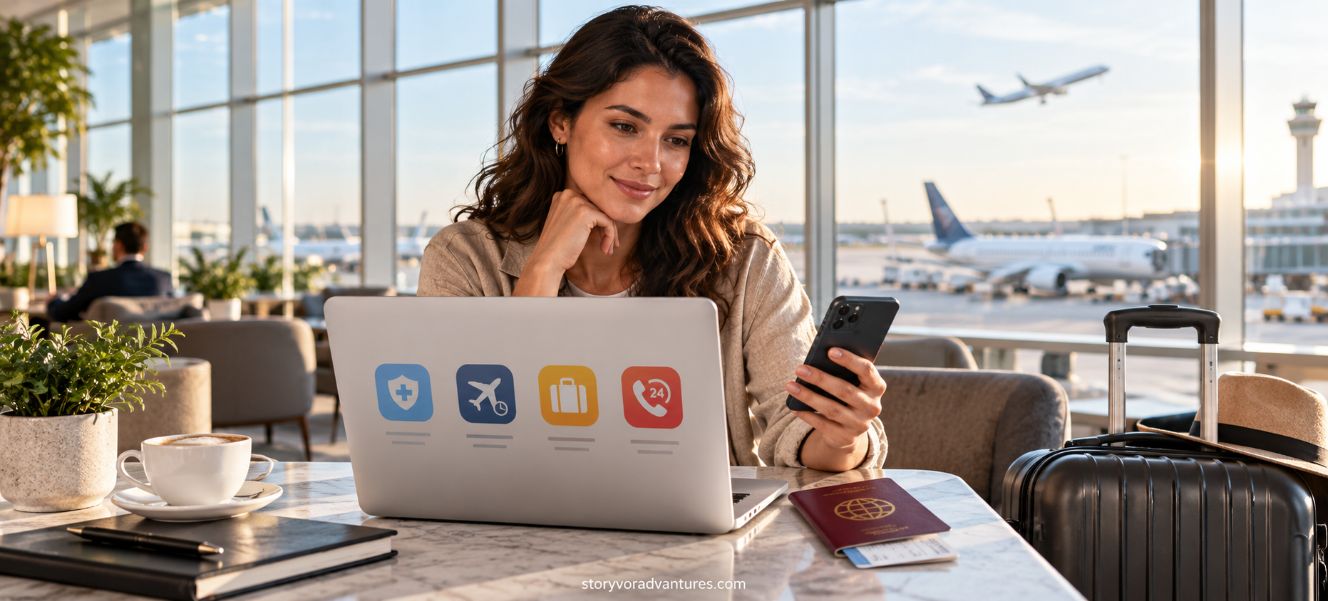 International traveller comparing suitable travel insurance coverage before departure