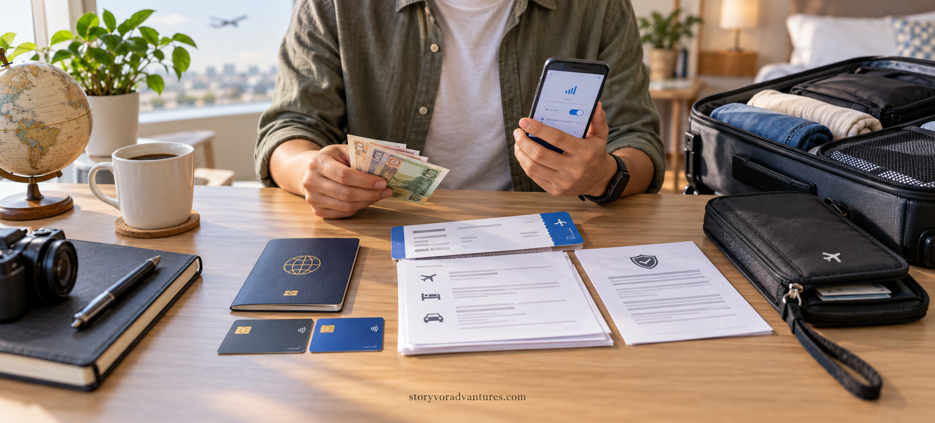 Traveller preparing money, mobile data and important documents for an international trip