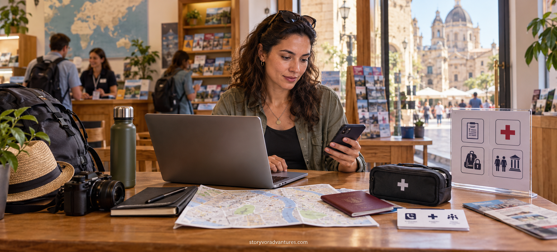 International traveller researching local laws, health guidance and safety information