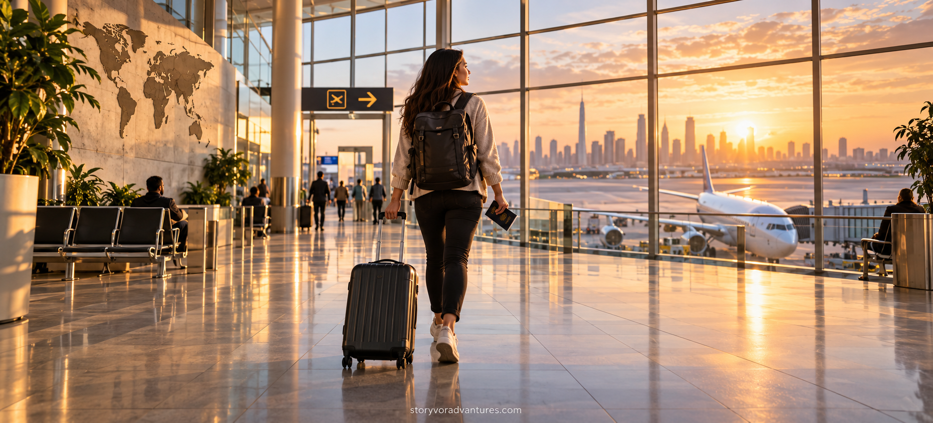 Confident traveller beginning a well-planned international journey at sunrise