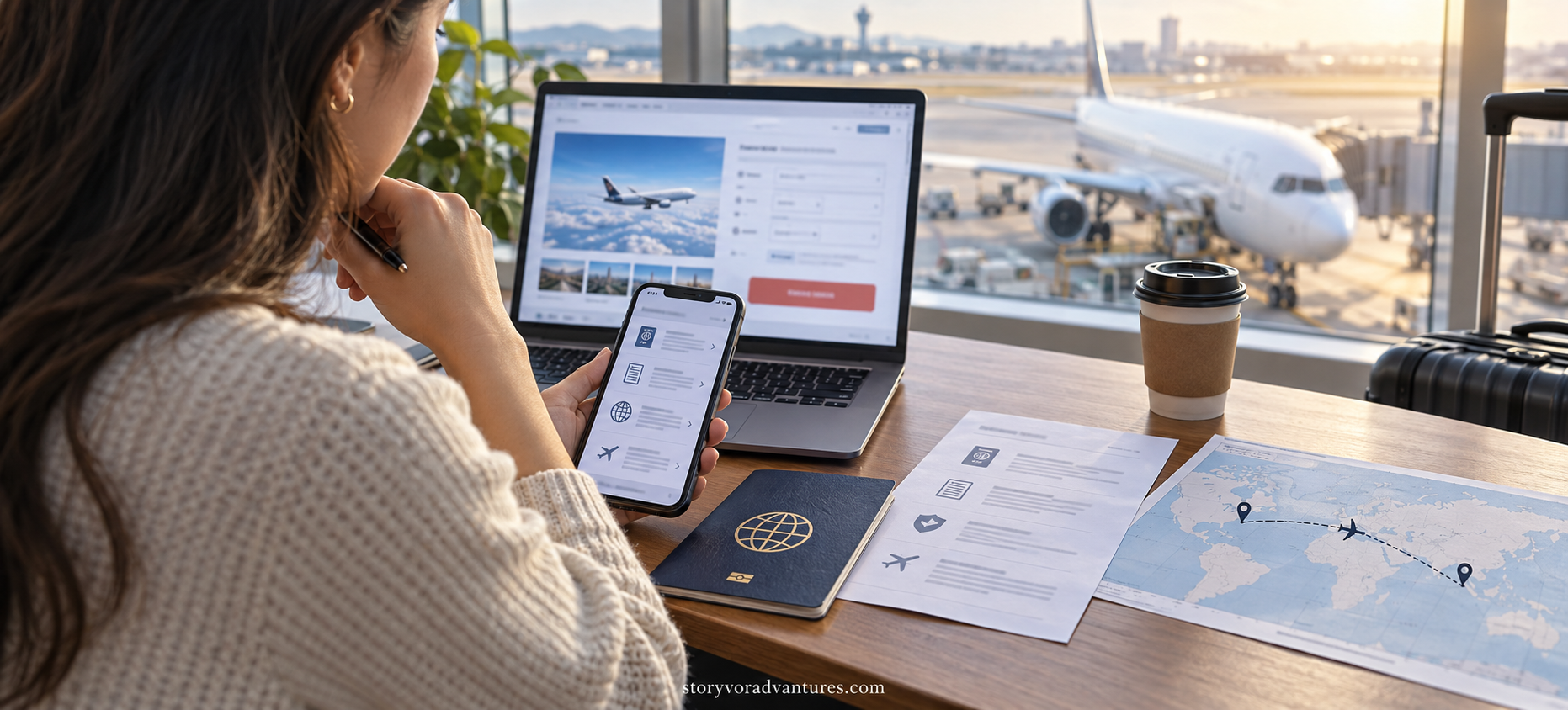 Traveller checking passport, visa and transit requirements before booking an international flight