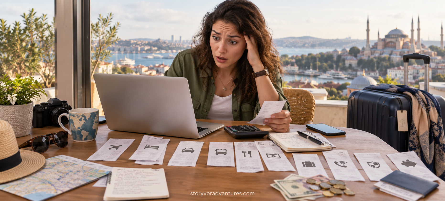 First-time traveller discovering overlooked expenses in an unrealistic international travel budget