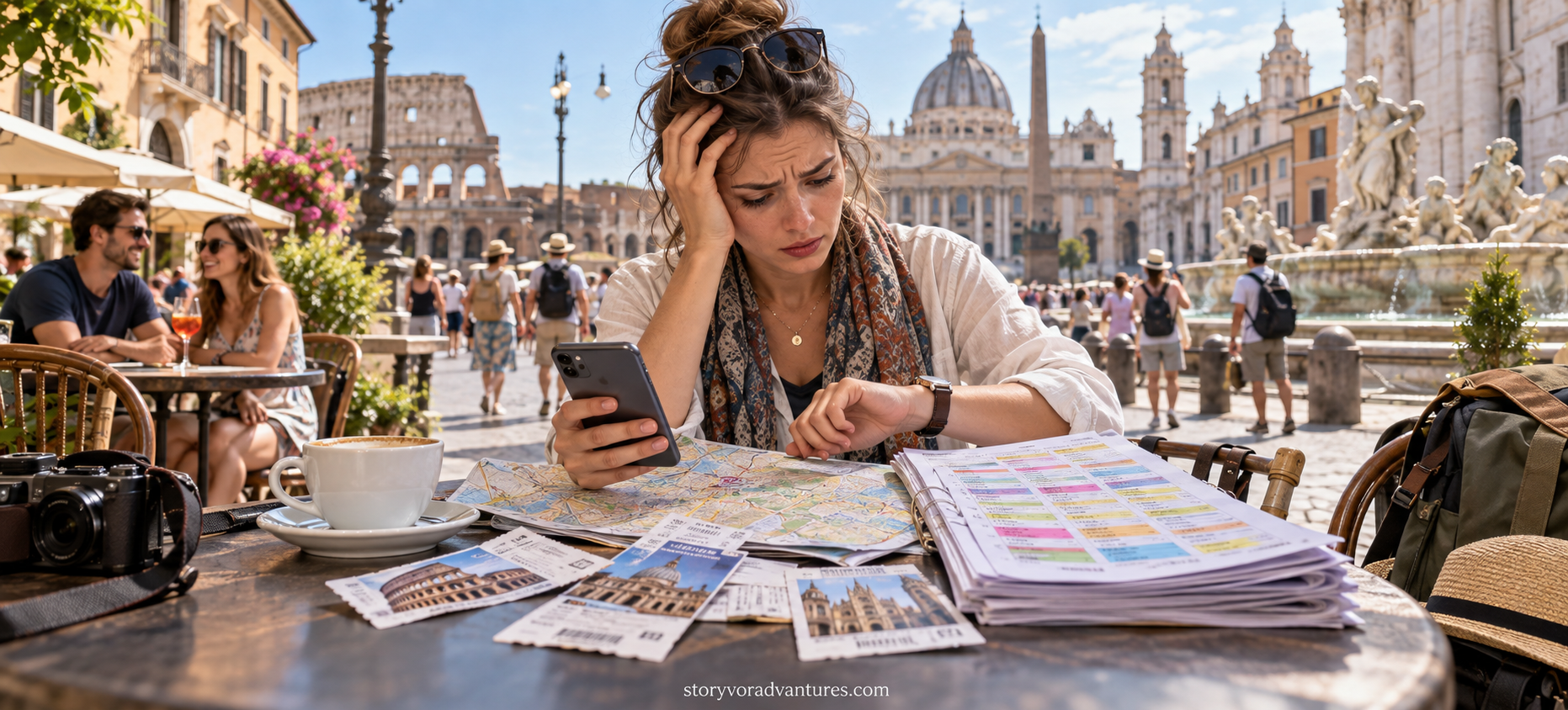 Overwhelmed traveller following an overly packed hourly international trip itinerary