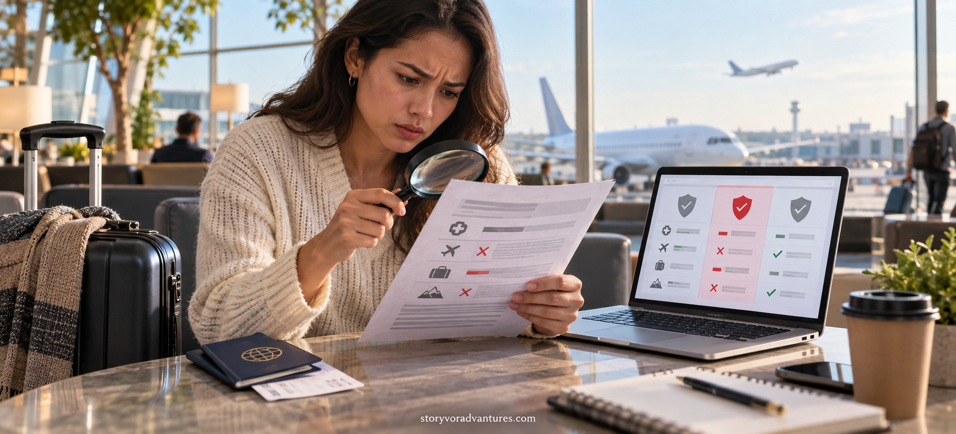 Traveller carefully reviewing exclusions and coverage limits in a travel insurance policy