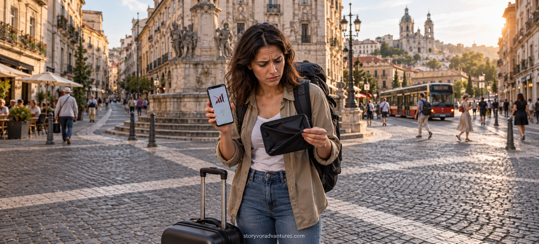 Traveller without mobile data or an offline map feeling confused in an unfamiliar city
