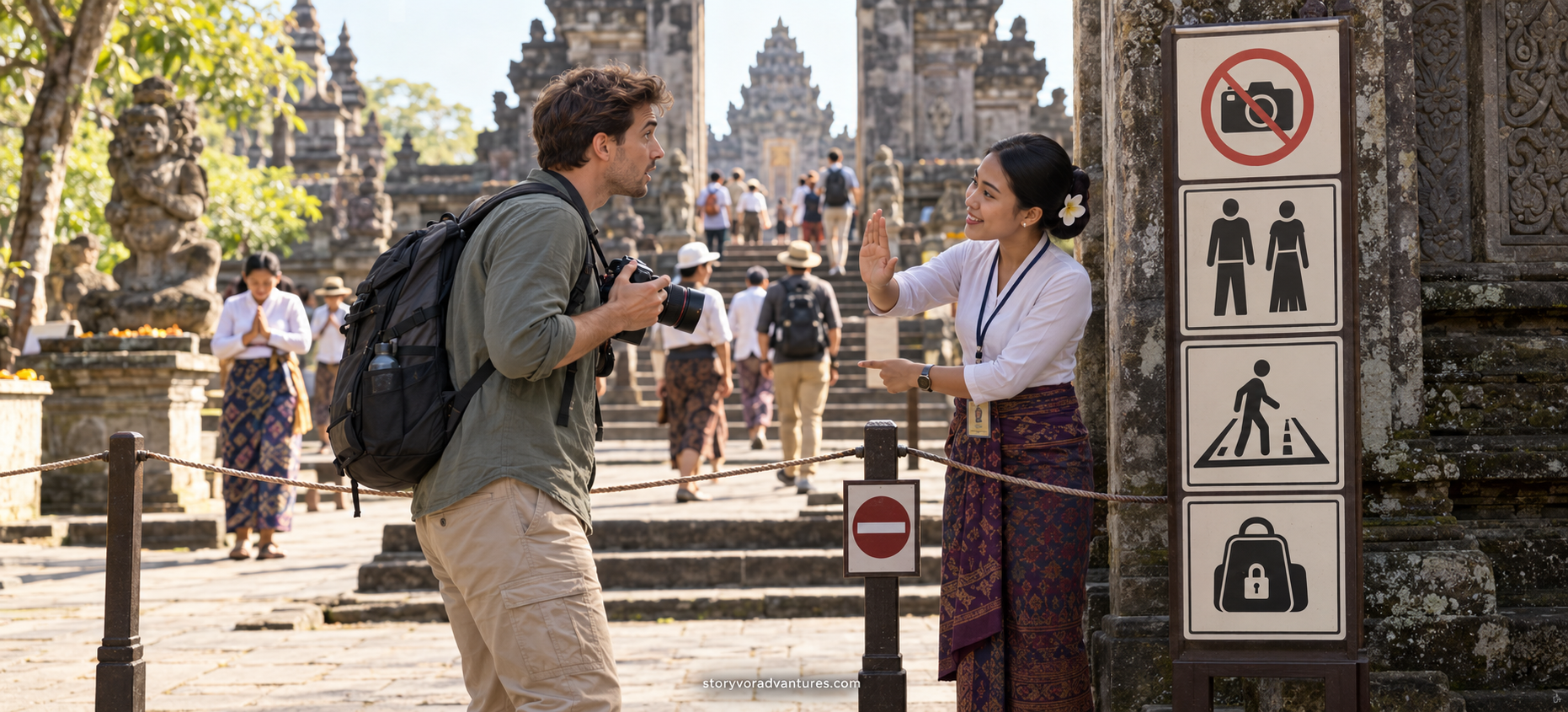 Traveller being reminded to follow local laws, customs and safety guidance at a cultural site