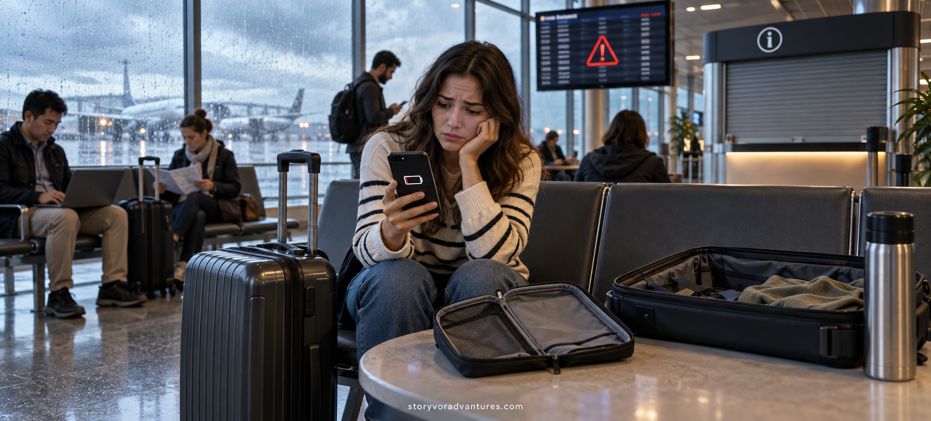 Unprepared traveller facing an unexpected flight disruption and low phone battery at the airport