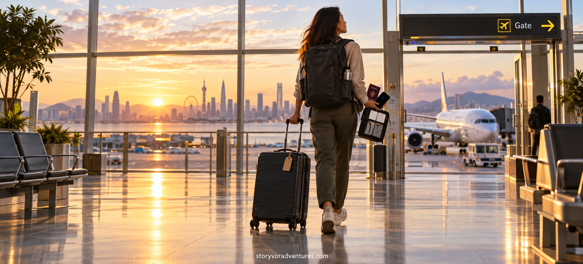 Well-prepared first-time international traveller confidently walking toward the departure gate
