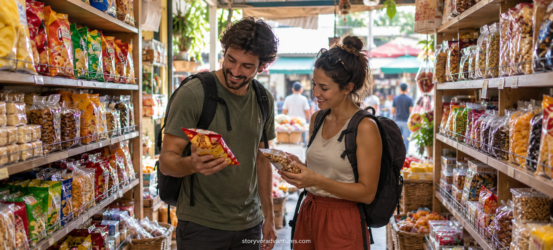 Travellers choosing affordable regional snacks in a local food store