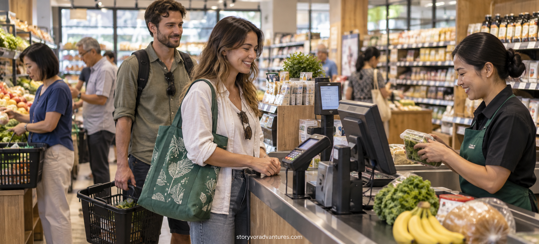 Travellers translating food packaging and checking product labels